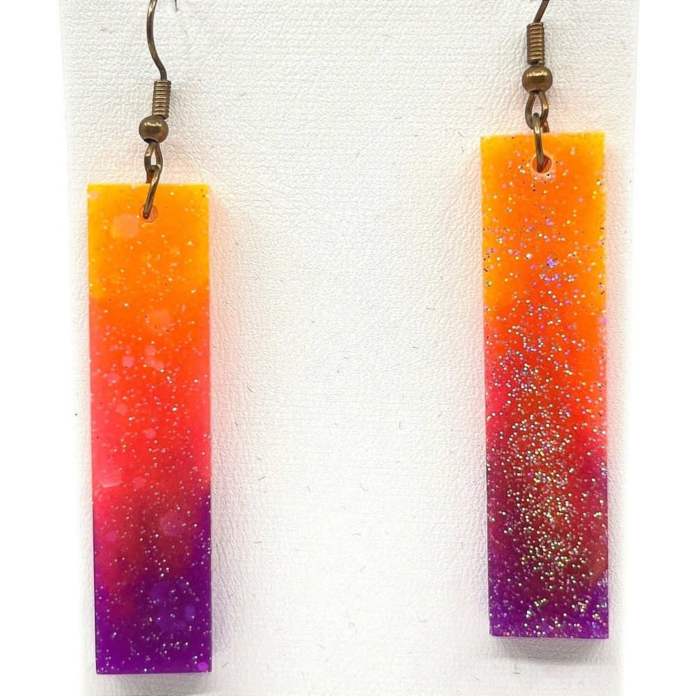 VTG Retro Y2K Neon Ombre Resin Bar Earrings Sunset Orange Purple Glitter Dangle